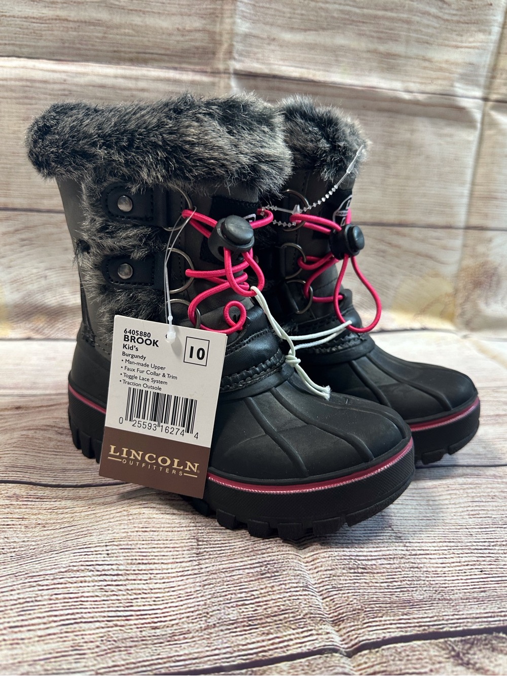 NWT Lincoln Outfitters Girls Black & Pink Winter Snow Boots Size 10